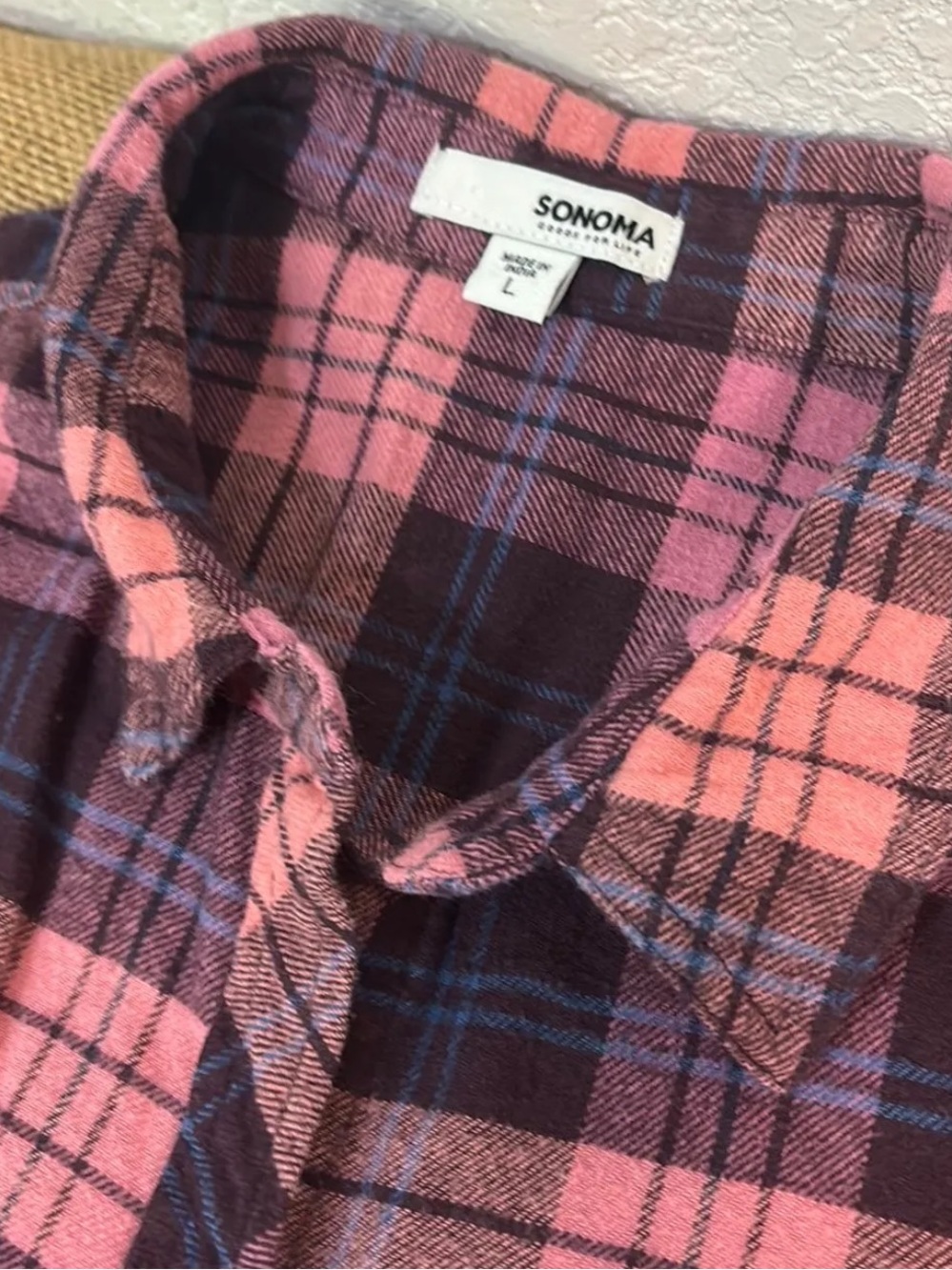 Women’s LARGE Plaid Flannel 100% Cotton Dark Pink, Black & Blue Plaid, Sonoma - Picture 5 of 10